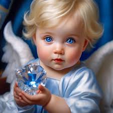 Baby, blonde, blue big very beautiful eyes, holding a crystal angel in his  hands, very expressive, kind , cute, …" — image created in Shedevrum