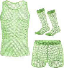 Amazon.com: ABAFIP 男款3 件式魚網襯衫背心透視肌肉背心汗衫透明四角褲襪子運動服服裝, 綠色- 無袖: 服裝，鞋子和珠寶