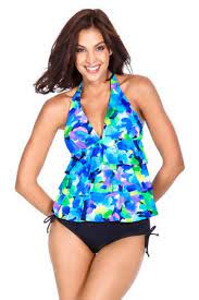 Caribbean Joe Swimwear Moon Glow Ruffle Halter Tankini Top Color Black This Floral Print Swim Suit Top Has A Shelf Bra And Padded Cups Mix And Match Bathing