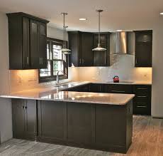 Modern Kitchen With Shaker Cabinetry In A Dark Wood Finish Accented By Light Grani Herringbone Backsplash Kitchen Kitchen Remodel Small Kitchen Remodel Layout