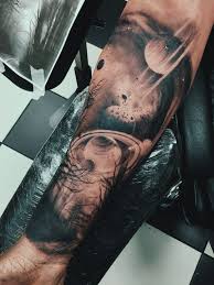 Black And White Space Tattoo Half Sleeve Half Sleeve Space Tattoo With Foggy Forest And Road By Elle Gottzi Tattoo Ellegottzi Space For Space Tattoo Sleeve Space Tattoo Cool Forearm Tattoos