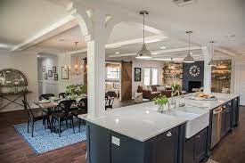 Ceiling beams discreetly separate the dining area, living room, and kitchen in this open concept floor plan. Open Concept 12x18 Kitchen Layout With Island Novocom Top