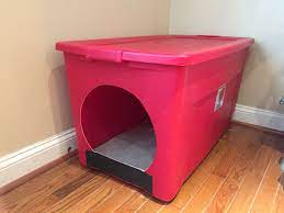 Homemade Litter Box From A Large Storage Container Made For Our Large Cat That Had Problems With Smaller Lit Homemade Cat Litter Box Litter Box Diy Litter Box