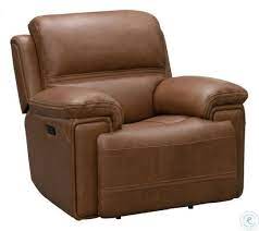Recliner chairs are finished with dyed leathers, synthetics, and woods. Modern Expressions Spence Caramel Sedrick Power Recliner With Power Headrest From Barcalounger Coleman Furniture