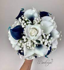 Choose Ribbon Color Navy Blue And White Calla Lily And Rose Etsy Bridal Bouquet Blue Diy Wedding Bouquet Fake Flowers Calla Lily Bouquet