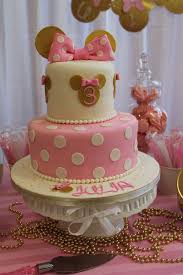 Minnie Mouse Bday Cake Gold Pink White Beautiful Sweet Table By The Day Of With Desserts By Dawn Jul Mickey And Minnie Cake Minnie Birthday Minnie Mouse Cake