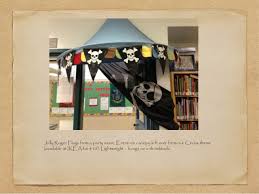 A ship (15 x 20) an island (33 x 10) 2 palm trees (largest 12 x 16.5) a map header a pirate captain a treasure chest a red x accent 20 gold coins a resource guide Pirate Theme Decoration In The Elementary Learning Commons Classroom