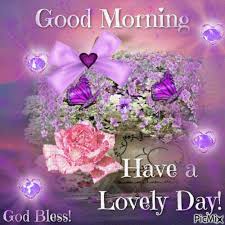 Good Morning Have A Lovely Day On Purple A Large Pot Of Purple Flowers With A Purple Bow And Heart On It 2 Purple Butterflies A Cup Of Pink Rose And Four Are you searching for purple rose png images or vector? purple flowers with a purple bow