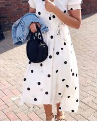 White Summer Dress With Black Polka Dots Black Polka Dots Dress And Denim Jacket Polkadots Polkadotdress Whited Fashion Preppy Fall Outfits Spring Outfits