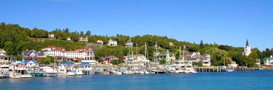 Something resembling an island especially in its isolated or surrounded position: Mackinac Island Michigan