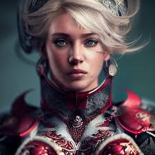 Full body length shot of an older beautiful strong and intelligent blonde  scifi elvin queen holdi