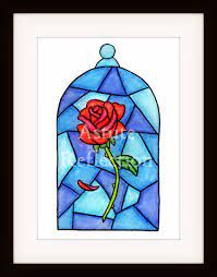 This leaded and hand painted stained glass suncatcher captures the enchanted red rose design featured in disney's beauty and the beast film. Rose Inside Glass Disney Beauty And The Beast Inspired Stained Glass Water Colour Artwork Print O Disney Canvas Art Beauty And The Beast Artwork Art Stained