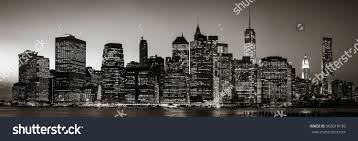Black And White Skyline Manhattan At Night Black And White Image Of New York City Skyline Panorama With Lights And Reflections