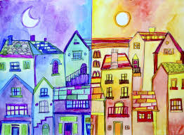 Village In Warm Cool Colors Color Art Lessons Colorful Art Projects Cool Art Projects