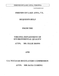 2005/09/07-Letter dated Sept. 7, 2005 from Friends of Lake Anna, Harry  Ruth, to Ellie Irons, VDEQ and Jack Cushing, NRC.