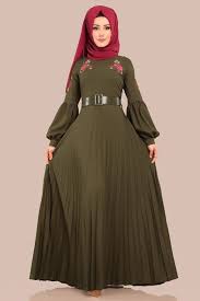 Elbise Balon Kol Piliseli Elbise Pl852 Haki Elbise Kiyafet Elbiseler