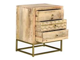Elle est composée de tubes carrés de 25mm d'acier, peints en noir mat, et le tablettes sont en pin massif naturel, juste vitrifié pour le protéger. Chevet Vintage 3 Tiroirs Manguier Et Metal Dore Alix