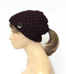 Eggplant Ponytail Beanie Chunky Knit Hat With Low Ponytail Hole Made In Alaska Ponytail Beanie Chunky Knit Hat Knitted Hats