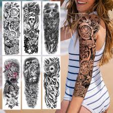 Each tattoo is unique, for example with rose tattoos; Buy Black Death Skull Temporary Tattoos Full Arm Rose Flower Clock Tattoo Sticker For Men Women Large Body Art Sleeve Makeup Tools Tatoo At Affordable Prices Free Shipping Real Reviews With