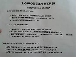 Lihat info lowongan kerja hari ini di karawang bulan maret 2021, terdapat 4 lowongan kerja terbaru yang sedang dibuka. Dibutuhkan Segera Asisten Apoteker Karawang Kerja