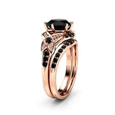 Titanium ring black enamelled diamond engagement wedding 6mm band. Black Diamond Engagement Ring Set 14k Rose Gold Matching Rings With Black Diamonds Vintage Engagement Rings Camellia Jewelry