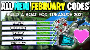 The wiki's discord server has a more updated database on the list of codes, though it may not be organized. All New Codes In Build A Boat For Treasure February 2021 Roblox Youtube