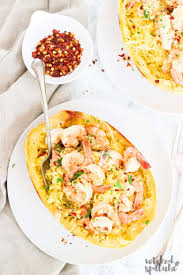 Slice the spaghetti squash width wise in 2 in thick slices and scoop out the seeds and ribbing. Paleo Spaghetti Squash Shrimp Scampi Recipe Wicked Spatula