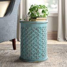 Elegantly designed table by expert artists in drum shape is made up of mango wood; Farmhouse Rustic Drum End Side Tables Birch Lane