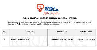 Check spelling or type a new query. Jawatan Kosong Terkini Pembantu Tadbir Tnb Tenaga Nasional Berhad Kerja Kosong Kerajaan Swasta