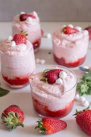 Strawberry Mousse In 4 Glasses On A White Board Chilled Desserts Strawberry Mousse Desserts
