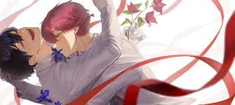isagi yoichi, kurona ranze, blue lock, highres, 2boys, ^ ^, arm up, blue  flower, blue hair, blush, closed eyes, collared shirt, flower, formal  clothes, hug, jacket, long sleeves, male focus, multiple boys,