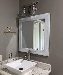 Wood vanity completed with white vessel sink and white backsplash mosaic tiles. White Whitewash Mirror Wood Framed Mirror Rustic Wood Mirror Bathroom Mirror Wall Mirror Vanity Mirror Baby Room Small Large Wood Framed Mirror Wood Mirror Whitewash Wood