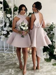 A Line High Neck Blush Pink Satin Short Bridesmaid Dresses B3104 Pink Bridesmaid Dresses Short Cocktail Bridesmaid Dresses Short Bridesmaid Dresses