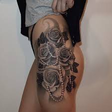 Black And White Floral Thigh Tattoo Side Thigh Black White Rose Tattoo Thigh Tattoos Women Girl Thigh Tattoos Tattoos