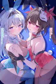 Rule 34 Dev - 2girls animal_ears aqua_leotard aqua_thighhighs  asymmetrical_docking black_gloves black_hairband breast_press breasts  brown_hair commentary_request criss-cross_halter detached_collar  firefly_(honkai:_star_rail) gloves hairband halterneck ...