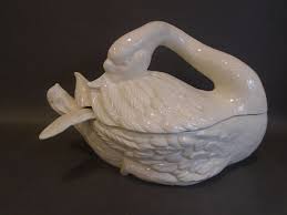 Vintage White Swan Porcelain Soup Tureen W Ladle Tureens Tureen Gold Swan