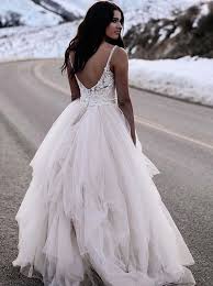 A Line Spaghetti Straps Asymetrical Wedding Dress With Lace With Images Long Wedding Dresses Wedding Dresses Simple Rustic Wedding Dresses