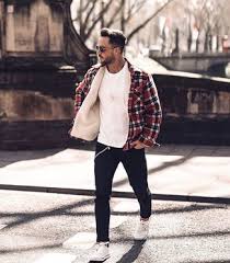 Man with blonde hair and bare chest wearing blue flannel pants. Red Plaid Shirt Jacket Outfits For Men 27 Ideas Outfits Lookastic