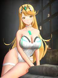 blobcg, mythra (radiant beach) (xenoblade), mythra (xenoblade), xenoblade  chronicles (series), xenoblade chronicles 2, highres, 1girl, 3d, bare  shoulders, blonde hair, blunt bangs, blush, breasts, chest jewel, choker,  cleavage, closed mouth, earrings, gem ...
