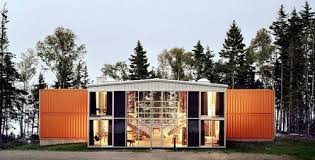 Adam Kalkin Orange Container Home Front Lit Twilight Maine Container House Building A Container Home Container Buildings