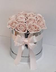 Artificial Flowers In A Hat Box Foam Roses In A Chrome Silver Hat Box In 2020 Foam Roses Foam Flowers Artificial Flowers