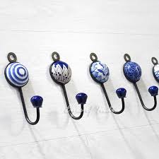 Indigo Blue Decorative Ceramic Wall Hooks Hangers Coat Rack 5 Decorative Coat Hooks Coat Hooks On Wall Coat Hooks