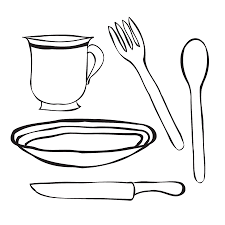 Coloriage assiette et couverts in 2020 lettering arts and. Vaisselle Dessin Anime Vecteur Colore Une Cuillere Simple Une Assiette Une Fourchette Un Couteau Et Une Tasse Contours De Reglage De Table Clip Art Libres De Droits Vecteurs Et Illustration Image 57358728
