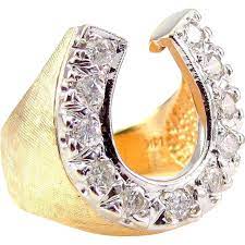 Vintage Two Tone Textured Men S Diamond Horseshoe Ring In 14k Gold Horseshoe Ring Mens Gold Wedding Band Rings