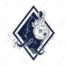 Watercolor of a shadow of a boy sitting on the moon fishing. Astronaut With A Fishing Rod Sitting On The Moon Vector Image Of Astronaut With Fishing Rod And Whales Royalty Free Cliparts Vectors And Stock Illustration Image 127448460