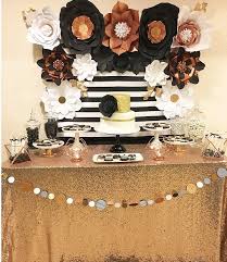 Backdrop Black And Rose Gold Party Theme Kate Spade Party Kate Spade Black And White Party Rose Gold Paper Flowers Paper Flower Backdro Rose Gold Party Gold And White Cake Flower Backdrop Wedding