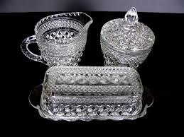Glassware 82 creamer 14 plate 3 mug 2 vase 2 relish tray 2 tray 2 glass bell 1 sugar bowl 1 glasses 1. Sugar Cream And Butter Dish Wexford Anchor Hocking Pressed Glass Set Vintage Pressed Glass Crystal Glassware Antiques Antique Glassware