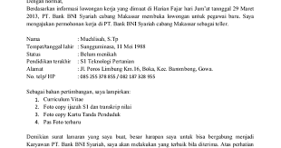 Surat lamaran kerja diatas juga. Surat Lamaran Bank Bni Syariah Docx Google Drive