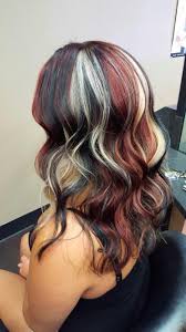 Black Red And Blonde Hair Pinwheel Technique Pinwheel Hair Color Hair Color Highlights Blonde Hair Color