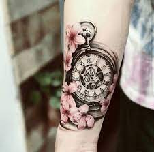 Gorgeous Cherry Blossom With Clock Tattoos Tattoos Tattoo Designs For Women Clock Tattoo